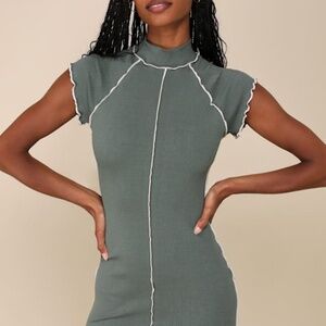 Lulus Cool Vibe Olive Green Ribbed Short Sleeve Mock Neck Mini Dress - Size S